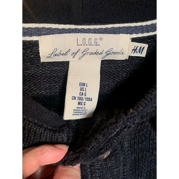 H&M L.O.G.G.-Henley Hooded-Sweater-Cozy-Knit Pullover-100% Cotton-Blue-Men's-L - Picture 3 of 5